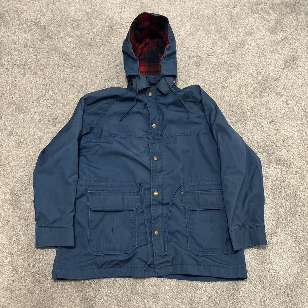 VINTAGE Woolrich Jacket Womens Medium Blue Flannel Wool Line Pocket Hooded Parka